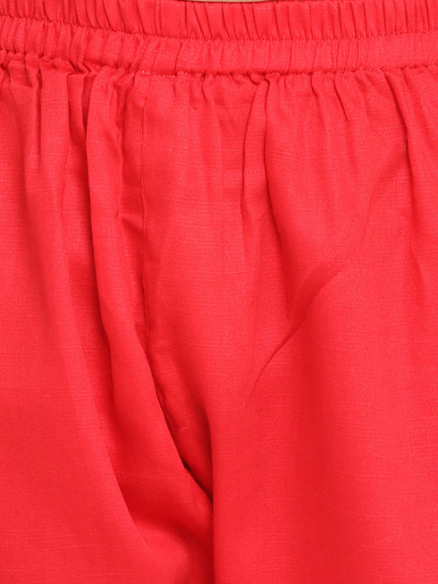 JBN CREATION Boy's Printed Dupatta Attached With A Belt Red Kurta And Pyjama Set